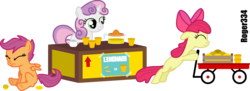 Size: 3094x1121 | Tagged: safe, artist:roger334, apple bloom, scootaloo, sweetie belle, earth pony, pegasus, pony, unicorn, g4, apple bloom's bow, bipedal, bow, cutie mark crusaders, female, hair bow, inkscape, juice, lemonade, lemonade stand, ponyscape, simple background, transparent background, trio, trio female, vector, wagon