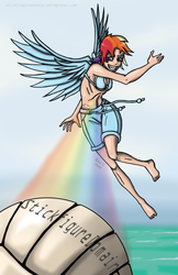 Size: 1024x1583 | Tagged: safe, artist:stickfigure5000, rainbow dash, human, g4, ball, barefoot, beach, breasts, busty rainbow dash, feet, female, flying, grin, humanized, light skin, smiling, smirk, solo, sports, spread wings, swimming trunks, tomboy, trail, winged humanization