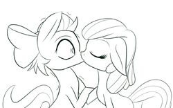Size: 1280x800 | Tagged: safe, artist:an-m, apple bloom, tender taps, earth pony, pony, g4, accessory swap, duo, eyes closed, female, floppy ears, kiss on the lips, kissing, male, monochrome, shipping, simple background, sketch, straight, surprise kiss, surprised, tenderbloom