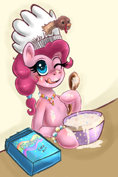 Size: 2149x3240 | Tagged: safe, artist:lamentedmusings, pinkie pie, pony, turkey, g4, baking, chef's hat, female, hat, messy, necklace, solo