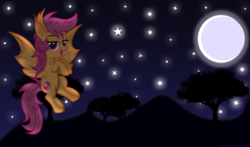 Size: 5679x3346 | Tagged: safe, artist:8-notes, scootaloo, bat pony, pony, g4, bat ponified, female, filly, floating, flying, full moon, looking at you, night sky, open mouth, ponyscape, race swap, scootabat, scootaloo can fly, solo, stars, the cmc's cutie marks, vector