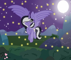 Size: 976x818 | Tagged: safe, artist:paintbrushsolo, oc, oc only, alicorn, pony, flying, moon, night, solo, stars, watermark