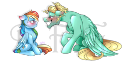 Size: 2400x1200 | Tagged: safe, artist:dragonfoxgirl, rainbow dash, zephyr breeze, pony, flutter brutter, g4, annoyed, blushing, chest fluff, cute, female, floppy ears, looking at each other, male, mare, ship:zephdash, shipping, simple background, sitting, smiling, stallion, straight, transparent background, tsunderainbow, tsundere, watermark