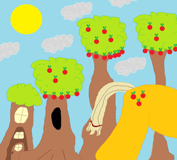 Size: 1048x946 | Tagged: safe, artist:xray1324, applejack, g4, 1000 hours in ms paint, alternate universe, bucking, cloud, female, inb4 tree-bucking, ms paint, paint, solo, spring, springtime, sun, tree, tree bucking, tree-bucking, treehouse