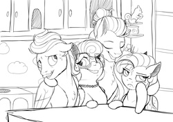 Size: 2000x1404 | Tagged: safe, artist:evehly, fluttershy, gentle breeze, posey shy, zephyr breeze, pegasus, pony, flutter brutter, g4, black and white, chest fluff, eyes closed, family, female, fluttershy is not amused, grayscale, male, mare, monochrome, ship:shys, stallion, sweat, sweatdrop, the shy family, unamused