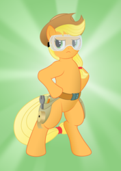 Size: 877x1240 | Tagged: safe, artist:alixnight, applejack, earth pony, pony, applejack's "day" off, g4, bipedal, female, heroic posing, safety goggles, solo, toolbelt, vector