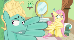 Size: 1260x679 | Tagged: safe, artist:sallycars, fluttershy, zephyr breeze, pegasus, pony, flutter brutter, g4, awkward, bathroom, brother and sister, embarrassed, female, male, mare, ms paint, stallion, towel, we don't normally wear clothes, wet mane