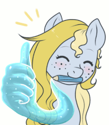 Size: 350x400 | Tagged: safe, artist:evomanaphy, oc, oc only, oc:evo, earth pony, pony, animated, blushing, bust, chibi, cute, eyes closed, female, freckles, hand, happy, magic, magic hands, mare, mouth hold, pencil, portrait, simple background, smiling, solo, thumbs up, white background