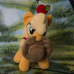 Size: 570x570 | Tagged: safe, artist:valmiiki, applejack, earth pony, pony, g4, apple, cute, female, food, hat, hooves, irl, magnet, mare, mouth hold, photo, plushie, solo