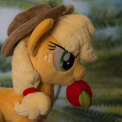 Size: 570x570 | Tagged: safe, artist:valmiiki, applejack, earth pony, pony, g4, apple, cute, female, food, hat, irl, magnet, mare, mouth hold, photo, plushie, solo