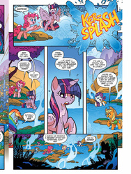 Size: 720x960 | Tagged: safe, artist:tonyfleecs, idw, official comic, applejack, fluttershy, pinkie pie, rainbow dash, rarity, spike, twilight sparkle, alicorn, pony, g4, ponies of dark water, spoiler:comic, spoiler:comic43, comic, female, hot springs, mane six, mare, ominous reflection, preview, speech bubble, steam, twilight sparkle (alicorn), water, wet mane