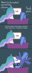 Size: 640x1444 | Tagged: safe, artist:tootootaloo, princess celestia, princess luna, g4, comic, couch, dialogue, hub logo, royal sisters, s1 luna, television