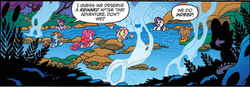 Size: 571x199 | Tagged: safe, artist:tony fleecs, idw, official comic, applejack, fluttershy, pinkie pie, rainbow dash, rarity, spike, twilight sparkle, alicorn, earth pony, pegasus, pony, g4, ponies of dark water, spoiler:comic, spoiler:comic43, cropped, female, hot springs, mane six, mare, preview, speech bubble, steam, twilight sparkle (alicorn)