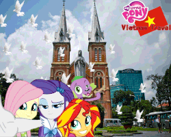 Size: 3000x2400 | Tagged: safe, artist:trungtranhaitrung, fluttershy, rarity, spike, sunset shimmer, dog, pigeon, equestria girls, g4, catholicism, diamond plaza, food, gif, high res, ho chi minh city, maria, non-animated gif, notre dame, plant, selfie, spike the dog, tourist, tree, vietnam