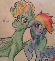 Size: 2430x2706 | Tagged: safe, artist:snowfoxythefox, rainbow dash, zephyr breeze, pegasus, pony, flutter brutter, g4, annoyed, blushing, chest fluff, colored, colored pencil drawing, colored sketch, cute, ear fluff, female, floppy ears, fluffy, high res, male, mare, ship:zephdash, shipping, stallion, straight, traditional art, tsunderainbow, tsundere