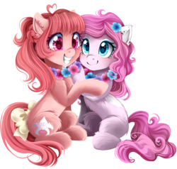 Size: 2000x1900 | Tagged: safe, artist:meotashie, oc, oc only, earth pony, pony, commission, ear piercing, earring, female, flower, flower in hair, fluffy, hug, lei, mare, piercing, solo, tail bow