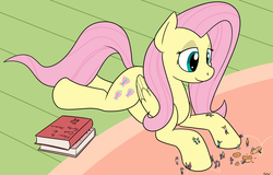 Size: 2237x1428 | Tagged: safe, artist:rapidstrike, fluttershy, human, g4, blank stare, book, carrot, climbing, fluttershy's cottage, food, implied vore, lidded eyes, micro, prone, request, size difference, smiling