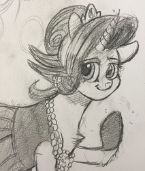 Size: 1242x1461 | Tagged: safe, artist:snowfoxythefox, rarity, g4, the gift of the maud pie, alternate hairstyle, black and white, black dress, chest fluff, clothes, dress, female, gloves, grayscale, monochrome, pencil drawing, smiling, solo, traditional art