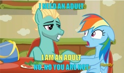 Size: 1238x730 | Tagged: safe, edit, edited screencap, screencap, rainbow dash, zephyr breeze, pegasus, pony, flutter brutter, g4, caption, discovery family logo, dragon ball, dragon ball z, dragonball z abridged, duo, female, i am an adult, i need an adult, image macro, male, mare, meme, stallion