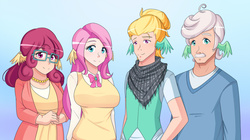 Size: 1280x717 | Tagged: safe, artist:jonfawkes, fluttershy, gentle breeze, posey shy, zephyr breeze, human, flutter brutter, g4, breasts, busty fluttershy, busty posey shy, family, female, gradient background, humanized, ship:shys, the shy family, wing ears