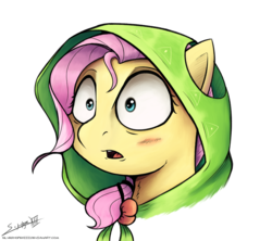 Size: 5060x4500 | Tagged: safe, artist:silverhopexiii, fluttershy, g4, absurd resolution, bust, clothes, female, hoodie, ponytail, portrait, scared, signature, simple background, solo, white background, wide eyes