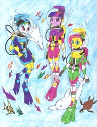 Size: 4817x6298 | Tagged: dead source, safe, artist:metaldudepl666, fluttershy, rainbow dash, twilight sparkle, dolphin, fish, human, turtle, equestria girls, g4, absurd resolution, female, hooded wetsuit, lama scuba gear, scuba gear, traditional art, trio, trio female, underwater, watershy, wetsuit