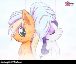 Size: 946x800 | Tagged: safe, artist:clouddg, applejack, rarity, pony, applejack's "day" off, g4, chest fluff, duo, eyes closed, looking at you, open mouth, relaxing, side view, signature, spa, steam, steam room, towel, towel on head