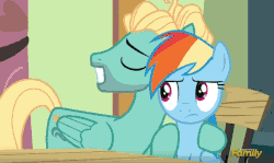 Size: 699x418 | Tagged: safe, screencap, rainbow dash, zephyr breeze, pegasus, pony, flutter brutter, g4, animated, discovery family logo, do not want, duo, female, floppy ears, male, mare, stallion, varying degrees of want