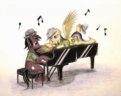 Size: 1002x797 | Tagged: safe, artist:thefriendlyelephant, daring do, oc, oc:phillip finder, g4, bedroom eyes, canon x oc, clothes, commission, fanfic art, hat, magnifying glass, music, music notes, musical instrument, on side, phiring, piano, shipping, shirt, traditional art, vest