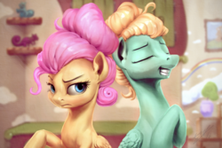 Size: 1920x1280 | Tagged: safe, artist:assasinmonkey, fluttershy, zephyr breeze, pegasus, pony, flutter brutter, g4, alternate hairstyle, brother and sister, duo, duo male and female, eyes closed, female, fluttershy is not amused, grin, hair bun, looking at someone, male, mare, peeved, raised hoof, scene interpretation, siblings, signature, smiling, smirk, stallion, that was fast, unamused