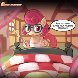 Size: 750x750 | Tagged: safe, alternate version, artist:lumineko, fluttershy, posey shy, pegasus, pony, flutter brutter, g4, apron, clothes, dialogue, female, glasses, mare, offscreen character, patreon, patreon logo, pov, solo, speech bubble, whisk