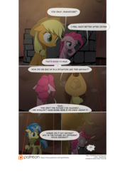 Size: 3541x5016 | Tagged: safe, artist:gashiboka, applejack, pinkie pie, oc, oc:dream vision, earth pony, pony, unicorn, comic:recall the time of no return, g4, comic, patreon, patreon logo