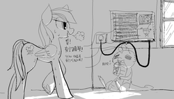 Size: 1227x704 | Tagged: safe, artist:archeryves, rainbow dash, spike, pegasus, pony, g4, air conditioner, chinese, food, hot, ice cream, monochrome