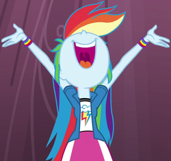 Size: 767x720 | Tagged: safe, screencap, rainbow dash, equestria girls, g4, my little pony equestria girls: friendship games, arms in the air, chs rally song, cute, dashabetes, female, hair, hand, happy, joy, mawshot, nose, nose in the air, open mouth, singing, teeth, tongue out, uvula, volumetric mouth