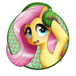 Size: 1024x1024 | Tagged: safe, artist:alexthf, fluttershy, pegasus, pony, g4, female, headphones, mare, open mouth, raised hoof, smiling, solo