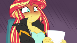 Size: 1280x720 | Tagged: safe, artist:ponut_joe, sunset shimmer, equestria girls, g4, blood, blushing, breasts, cleavage, clothes, costume, cropped, female, nosebleed, reaction image, single panel, solo, wide eyes