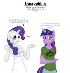 Size: 1052x1088 | Tagged: safe, artist:sehad, rarity, twilight sparkle, unicorn, anthro, big book of fetishes, g4, bullying, crying, dacryphilia, duo, duo female, educational, female, fetish, horn, imminent masturbation, info, mare, sadism, schadenfreude, simple, tears of pain