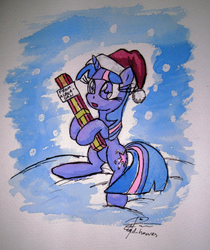 Size: 1998x2382 | Tagged: safe, artist:leadhooves, twilight sparkle, g4, female, hat, present, santa hat, snow, snowfall, solo, traditional art