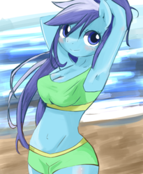 Size: 900x1100 | Tagged: safe, artist:apyorehe, minuette, anthro, g4, armpits, belly button, bikini, cleavage, clothes, female, pixiv, shorts, solo, swimsuit