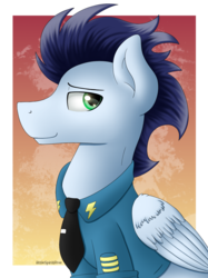 Size: 1280x1707 | Tagged: safe, artist:spirit-dude, soarin', pegasus, pony, g4, clothes, male, sitting, solo, stallion, wonderbolts dress uniform