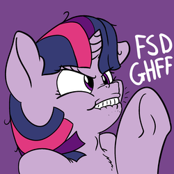 Size: 1660x1660 | Tagged: safe, artist:zippysqrl, derpibooru exclusive, twilight sparkle, g4, female, fgsfds, fluffy, glare, lip bite, messy mane, nose wrinkle, purple background, raised hoof, reaction image, simple background, solo, underhoof