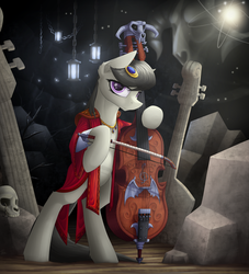 Size: 2235x2461 | Tagged: safe, artist:dipfanken, octavia melody, earth pony, pony, g4, bipedal, cello, chains, clothes, female, high res, lantern, musical instrument, robe, skull, solo
