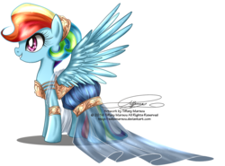 Size: 1200x886 | Tagged: safe, artist:tiffanymarsou, rainbow dash, g4, alternate hairstyle, clothes, dignified wear, dress, female, gala dress, smiling, solo, spread wings