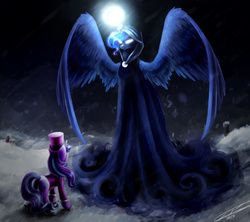 Size: 1800x1600 | Tagged: safe, artist:yummiestseven65, princess luna, snowfall frost, spirit of hearth's warming yet to come, starlight glimmer, alicorn, pony, unicorn, a hearth's warming tail, g4, cloak, clothes, glowing eyes, magic, snow, snowfall, spread wings