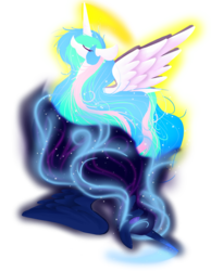 Size: 932x1200 | Tagged: safe, artist:sonicahasitall11, princess celestia, princess luna, g4, eyes closed, lineless, royal sisters, simple background, spread wings, transparent background, yin-yang
