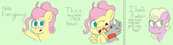 Size: 7239x1919 | Tagged: safe, artist:pastelhorses, fluttershy, millie, dog, pony, flutter brutter, g4, my little pony: friendship is magic, alternate hairstyle, bun, high res, licking, messy bun, peeved, pun, tongue out