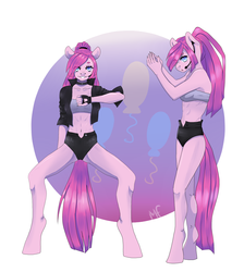 Size: 1833x2044 | Tagged: safe, artist:maria-fly, pinkie pie, earth pony, anthro, unguligrade anthro, g4, abs, clothes, collar, cutie mark, hair over one eye, headset, looking at you, pinkamena diane pie, ponytail, sports bra, workout outfit