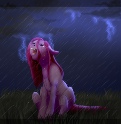 Size: 2161x2225 | Tagged: safe, artist:maria-fly, pinkie pie, g4, crying, female, floppy ears, high res, lightning, rain, screaming, sitting, solo, underhoof, wet, wet mane