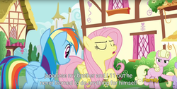 Size: 1920x970 | Tagged: safe, screencap, dinky hooves, fluttershy, millie, rainbow dash, pony, flutter brutter, g4, discovery family logo, meme, youtube caption