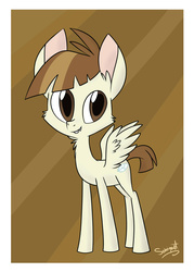 Size: 1024x1434 | Tagged: safe, artist:flourret, featherweight, pegasus, pony, g4, abstract background, bucktooth, cheek fluff, ear fluff, foal, male, neck fluff, signature, smiling, solo, spread wings, standing, wings